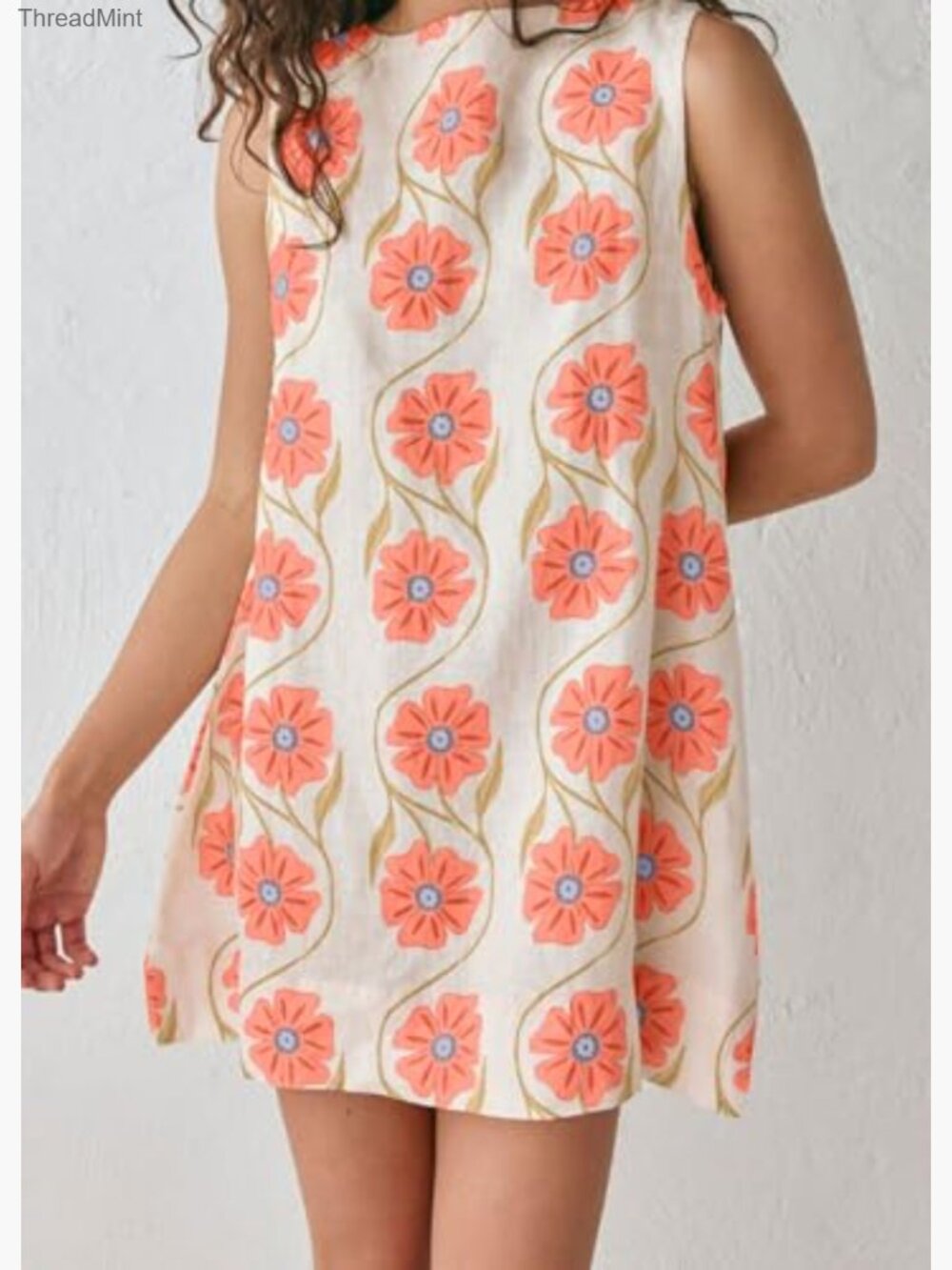 Sleeveless Floral Short Shift Dress Scoop Neck A-Line Cotton Linen Summer Mini - Picture 4 of 7
